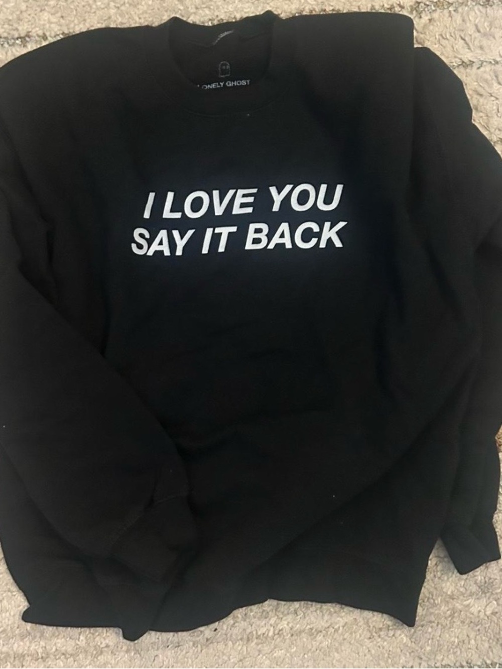 LONELY GHOST Black Crewneck Sweatshirt with White Text